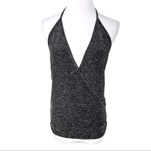 Sis Sis Black & Metallic Silver Wrap Style Plunging Neckline Low Back Halter Top